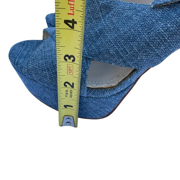 Alice + Olivia Women's Blue Denim Peep Toe Block Heel Ankle Buckle Sandals 38.5 - Picture 7 of 11